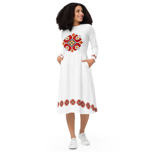 Traditional All-over print long sleeve midi dress